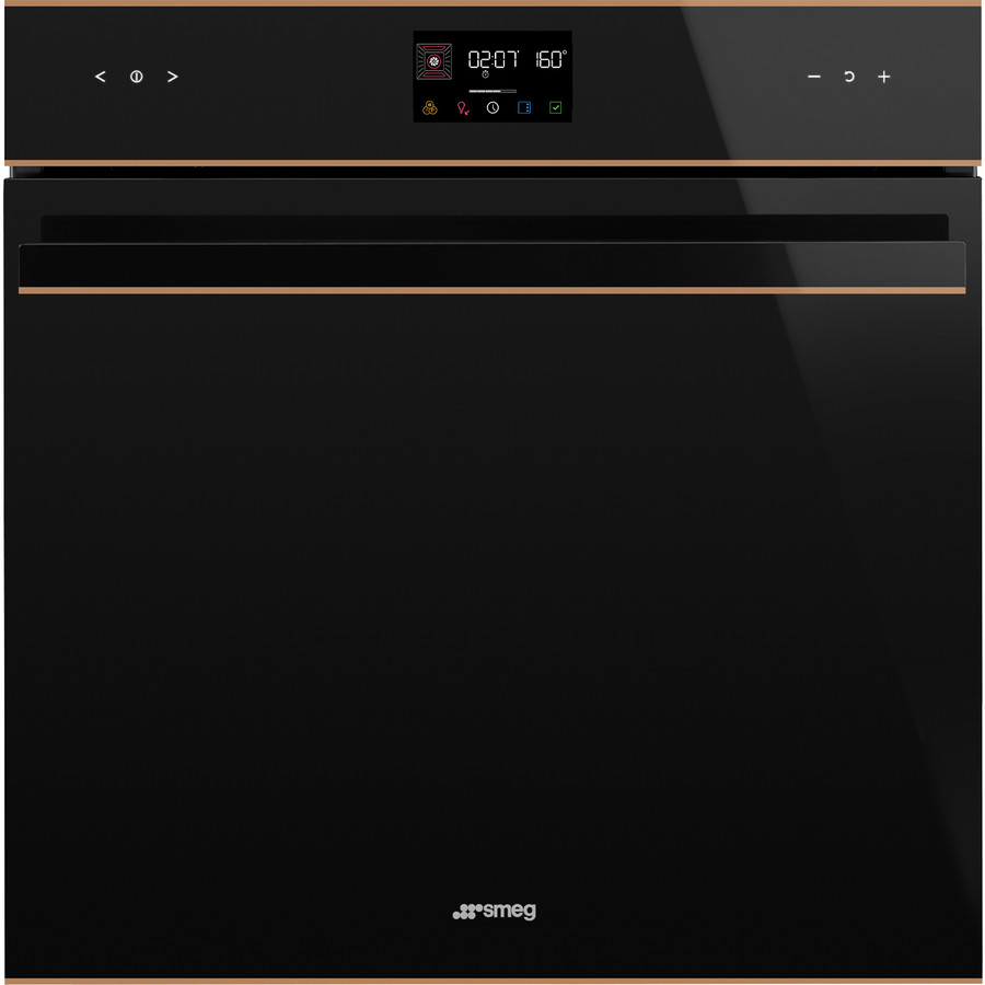 Image of SMEG PIROLITIKUS HŐLÉGKEVERÉSES SÜTŐ, Dolce Stil Novo design, Galileo, 60 cm, ES LCD, fekete üveg, réz dísz