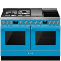 SMEG SZABADONÁLLÓ TŰZHELY, Portofino design, 120 cm, 2 sütőtér, gáz- teppanyaki- és indukciós főzőlap, kék