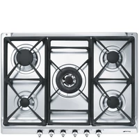 SMEG GÁZ FŐZŐLAP, Classic design, 70 cm, 5 gázégő, ebből 1 db  5,0 kW-os wok égő, ezüst vezérlőgombok, rozsdamentes acél