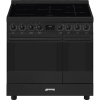 SMEG SZABADONÁLLÓ TŰZHELY, Classica design, 90 cm, 2 sütőtér, indukciós főzőlap, fekete gombok és fogantyúk, matt fekete