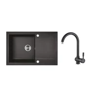 RIO 1CS SZETT egymedence csepptálcás gránit fekete mosogató szifonnal, csappal, 76x44x17,5 cm
