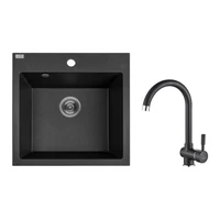 PAULO SZETT gránit egymedencés fekete mosogató csappal, szifonnal, 49x49x21,4 cm