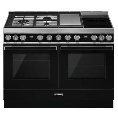 SMEG SZABADONÁLLÓ TŰZHELY, Portofino design, 120 cm, 2 sütőtér, gáz- teppanyaki- és indukciós főzőlap, antracit