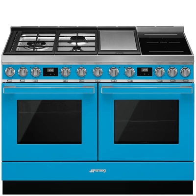 SMEG SZABADONÁLLÓ TŰZHELY, Portofino design, 120 cm, 2 sütőtér, gáz- teppanyaki- és indukciós főzőlap, kék
