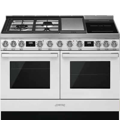 SMEG SZABADONÁLLÓ TŰZHELY, Portofino design, 120 cm, 2 sütőtér, gáz- teppanyaki- és indukciós főzőlap, fehér