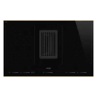 SMEG PÁRAELSZÍVÓVAL INTEGRÁLT INDUKCIÓS FŐZŐLAP, Dolce Stil Novo design, 83x52 cm, fekete üveg, réz díszítés