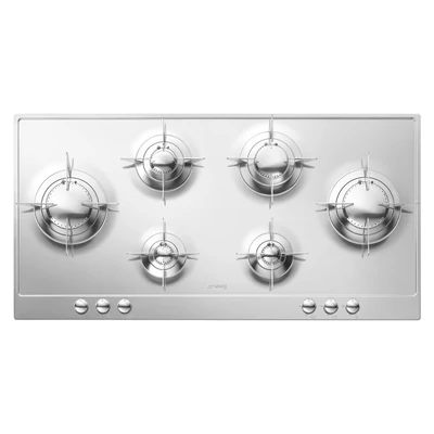 SMEG GÁZ FŐZŐLAP,Piano ,100,5 cm,4 db normál + 2 db 3,6 kW-os wok égő,fényes rm.acél,ezüst vezérlőgombok