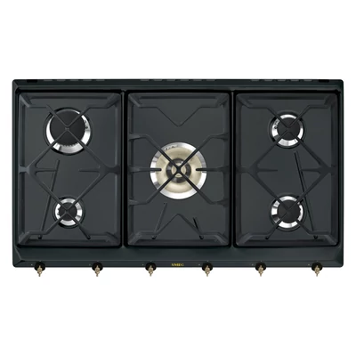 SMEG GÁZ FŐZŐLAP,Colonial,90 cm,4 db norm + 1 db 5 kW-os wok égő,öntöttvas edénytart,antracit,bronz gombok