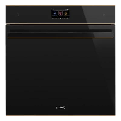 SMEG KOMBINÁLT PIROLITIKUS SÜTŐ, GŐZFUNKCIÓVAL, Dolce Stil Novo design, Galileo, 60 cm, TFT, fekete üveg, réz dísz