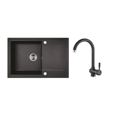 RIO 1CS SZETT egymedence csepptálcás gránit fekete mosogató szifonnal, csappal, 76x44x17,5 cm