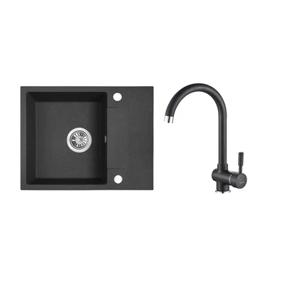 RIO MINI SZETT minicsepptálcás gránit fekete mosogató szifonnal, csappal 56x44x17,5 cm