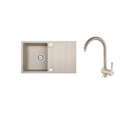 RIO 1CS SZETT egymedence csepptálcás gránit bézs mosogató szifonnal, csappal, 76x44x17,5 cm