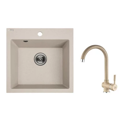 PAULO SZETT gránit egymedencés bézs mosogató csappal, szifonnal, 49x49x21,4 cm
