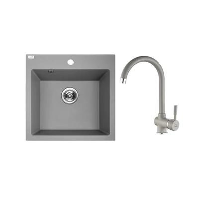 PAULO SZETT gránit egymedencés szürke mosogató csappal, szifonnal, 49x49x21,4 cm