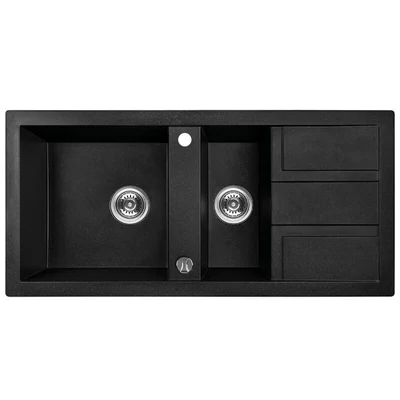 Laveo BARBADOS szemcsés fekete 1,5 medencés mosogató dugókiemelős helytakarékos szifonnal