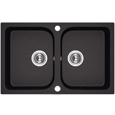 Laveo CELIA szemcsés fekete kétmedencés mosogató dugókiemelős helytakarékos szifonnal